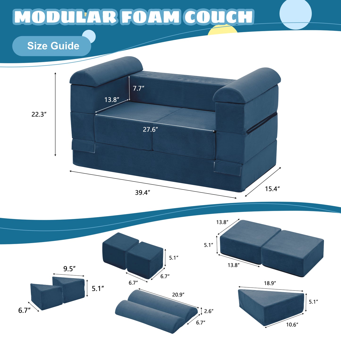 Tolead 10 Pcs Kids & Toddler Foam Play Couch with Ottomans, Blue