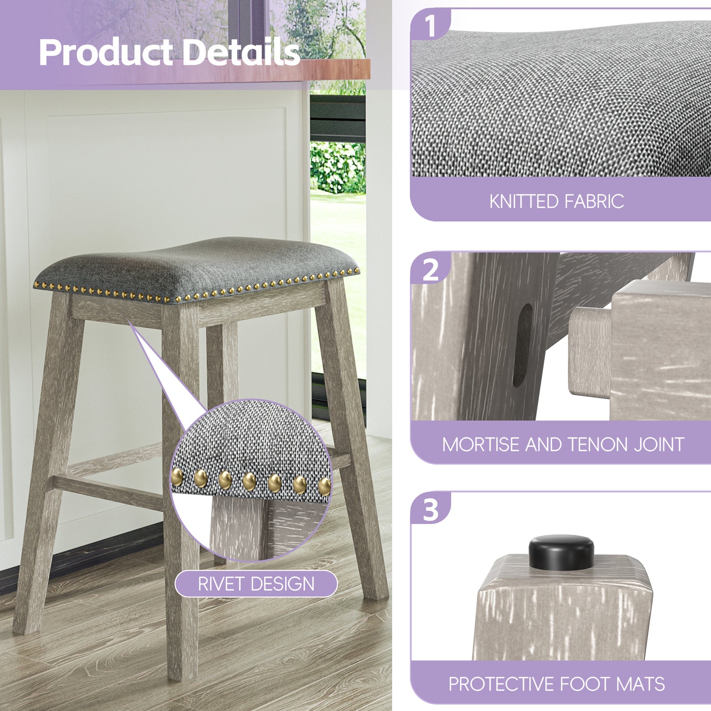 Tolead 24" Backless Bar Stools with Saddle Cushion Seat - Set of 2, Gray