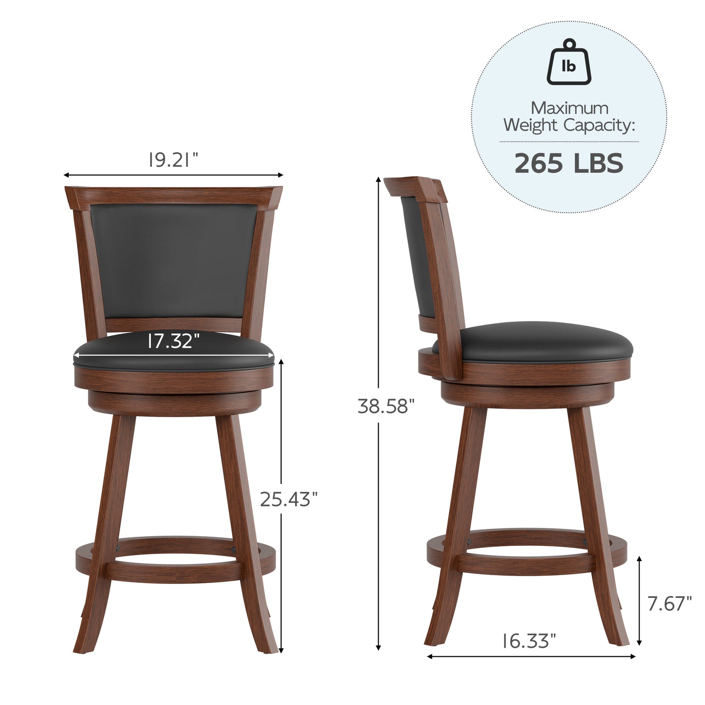 Tolead 29" Counter Height Swivel Wood Barstool in Chestnut Finish and Black Faux Leather