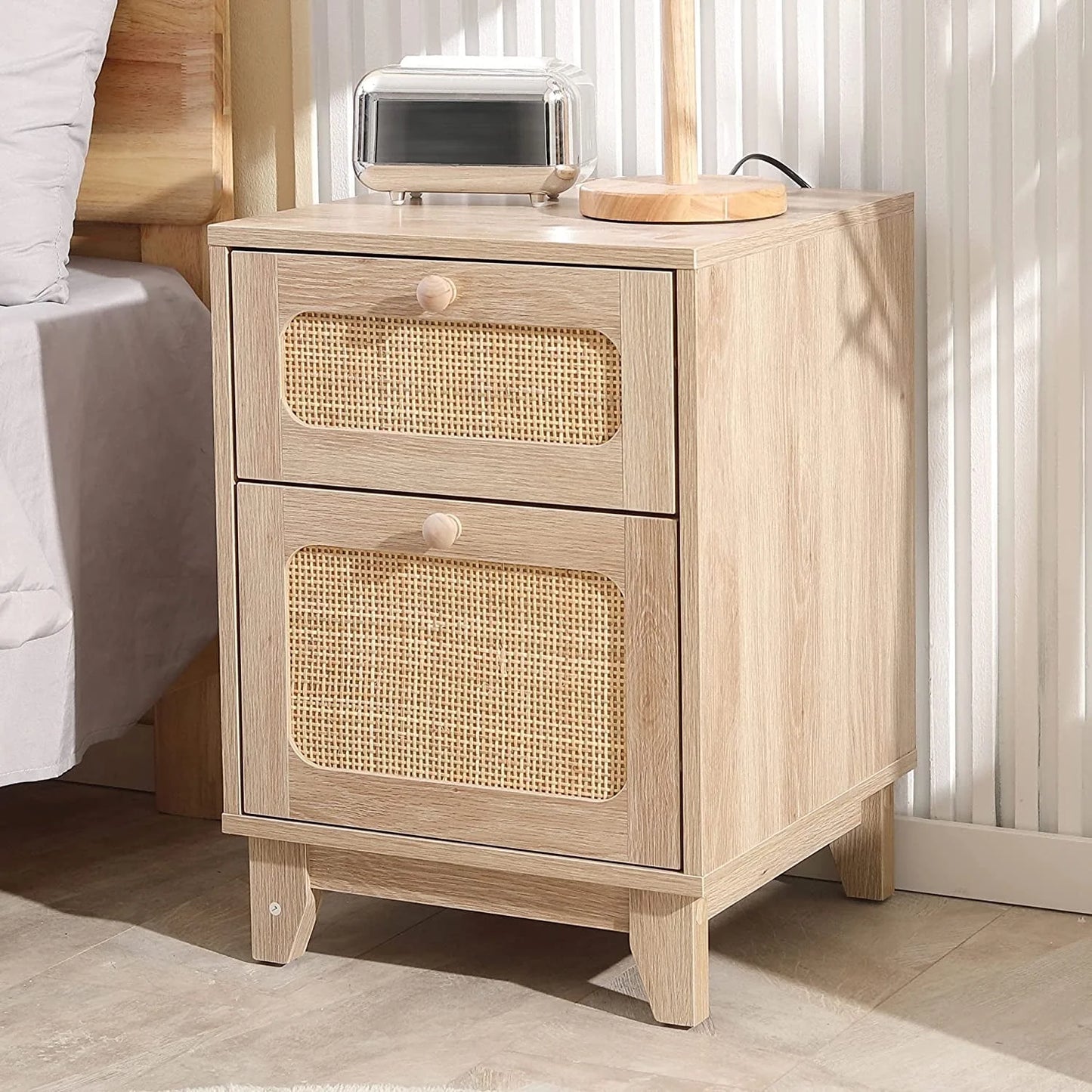 Tolead Rattan Nightstand Set with Charging Station, Handmade Rattan Decorated Drawer and Door, Natural