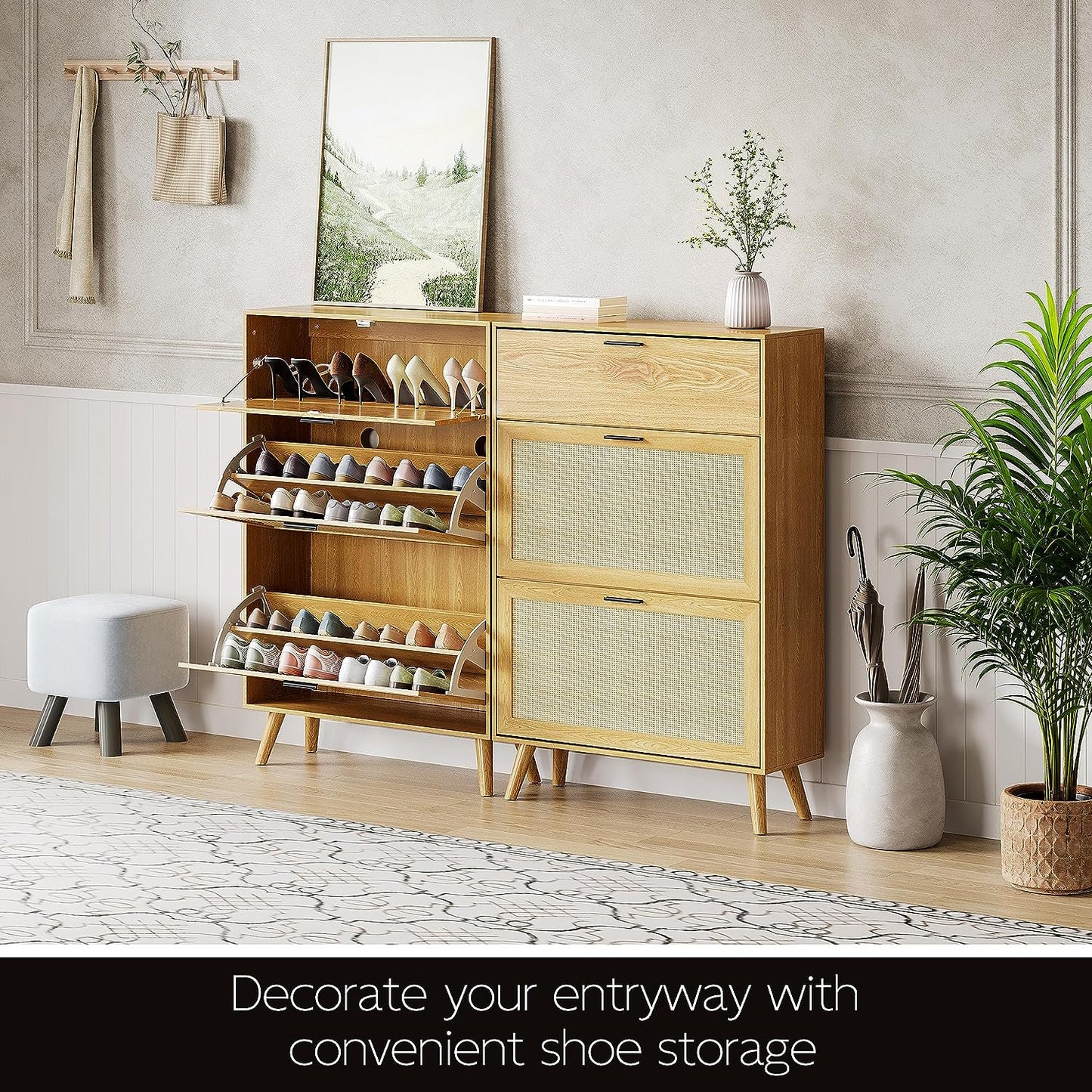 Tolead Nature Rattan Shoe Cabinet for 20 Pairs with Drawers and Shelves