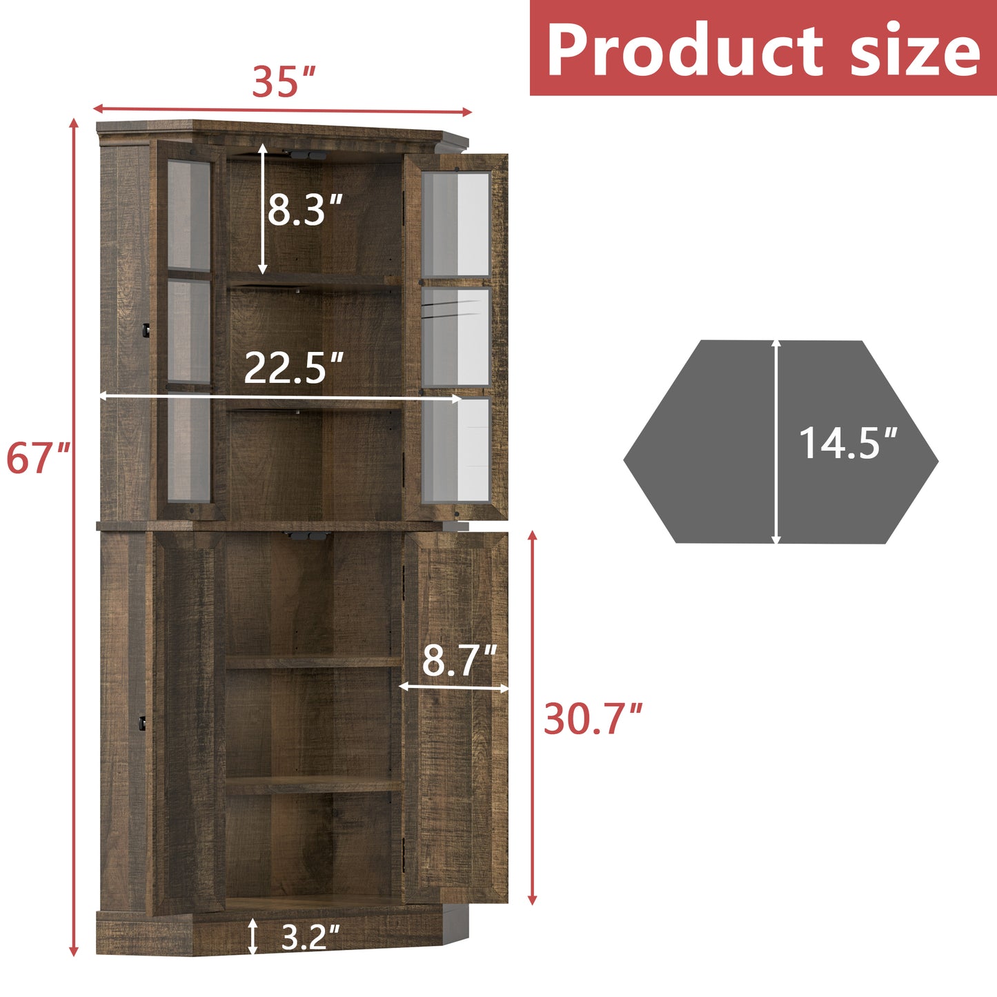 Tolead 67" Tall Farmhouse Corner Cabinet, 6 Tier Height-adjustable Corner Pantry Cabinet with Glass Door