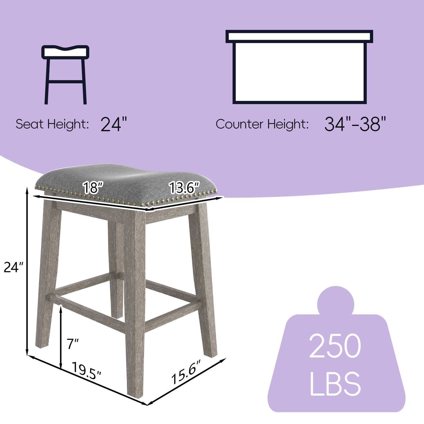 Tolead 24" Backless Bar Stools with Saddle Cushion Seat - Set of 2, Gray