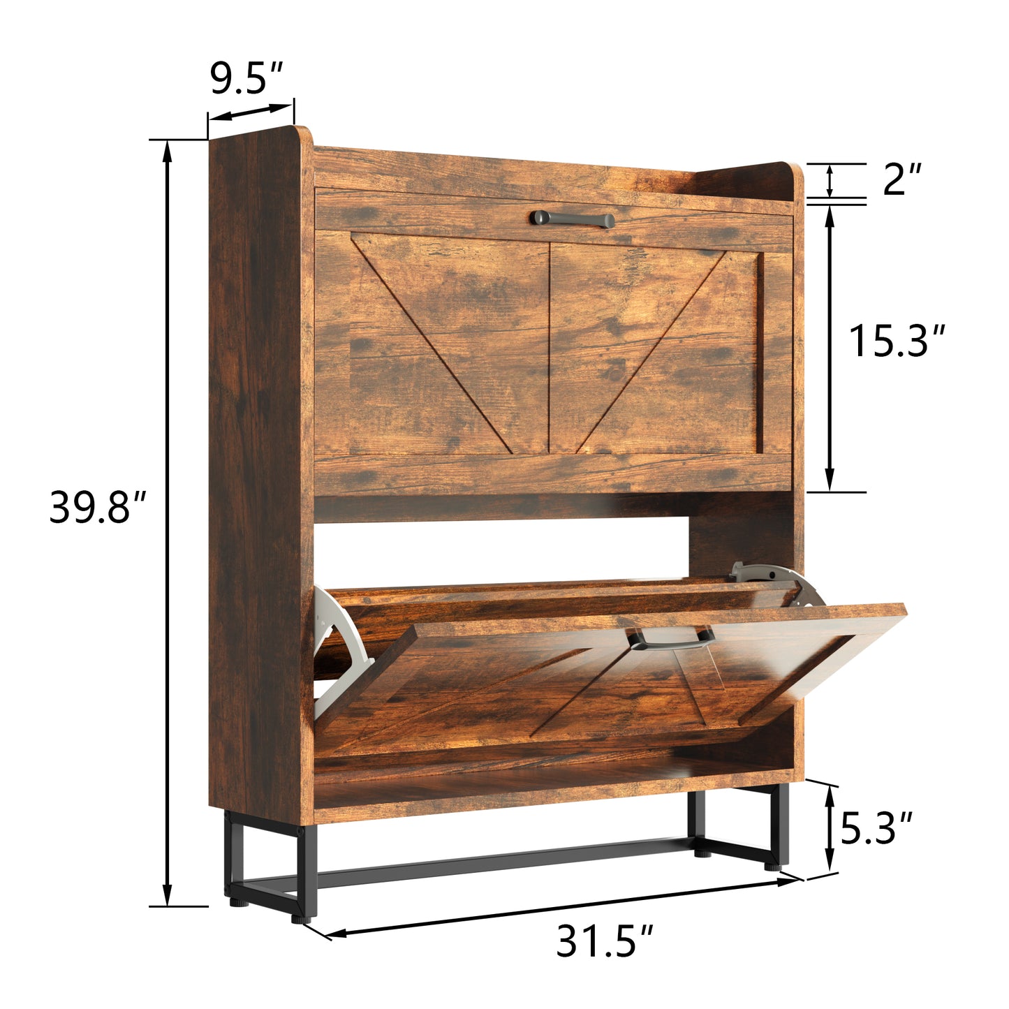 Tolead Shoe Storage Cabinet with 2 Flip Drawers, Metal Legs, Rustic Brown