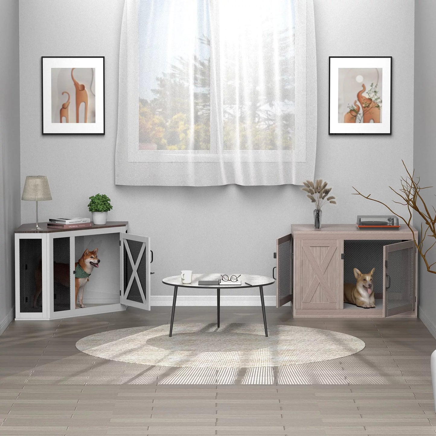 Tolead Wood Corner Dog Crate Furniture, Pet Crate, Indoor, Mesh, All-breed, Black and White