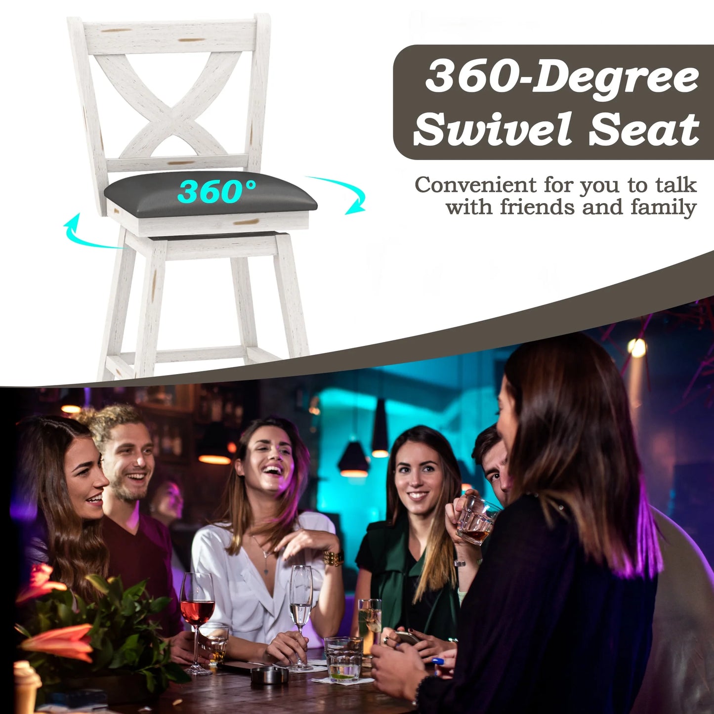 Tolead 2Pcs 24" X-Back Bar Stools with Swivel and 360 Degree Swivel, Adult - Set of 2, White