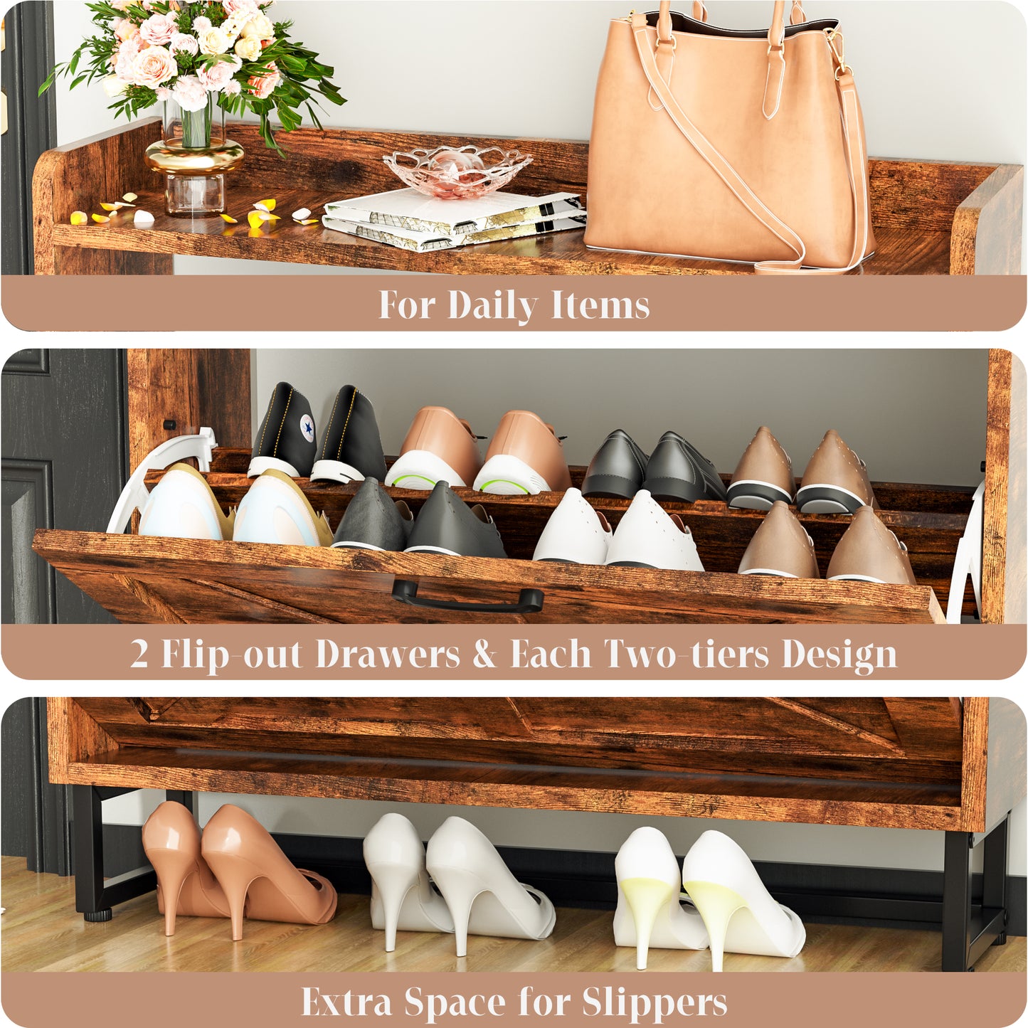 Tolead Shoe Storage Cabinet with 2 Flip Drawers, Metal Legs, Rustic Brown