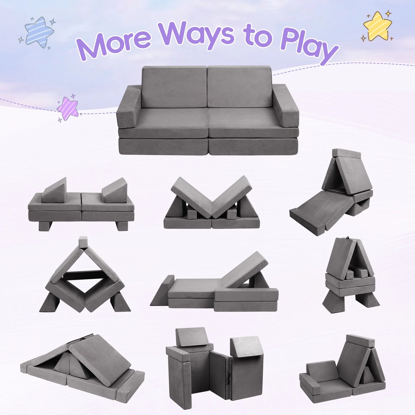 Tolead 6pcs Modular Kids Play Couch Child Sectional Sofa, Imaginative Furniture Play Set, Gray