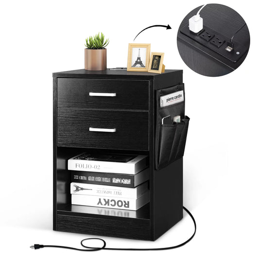 Tolead Black Wood Nightstand with Charging Station, 2 Storage Drawer & Open Shelf, Bedroom, Office, Adult