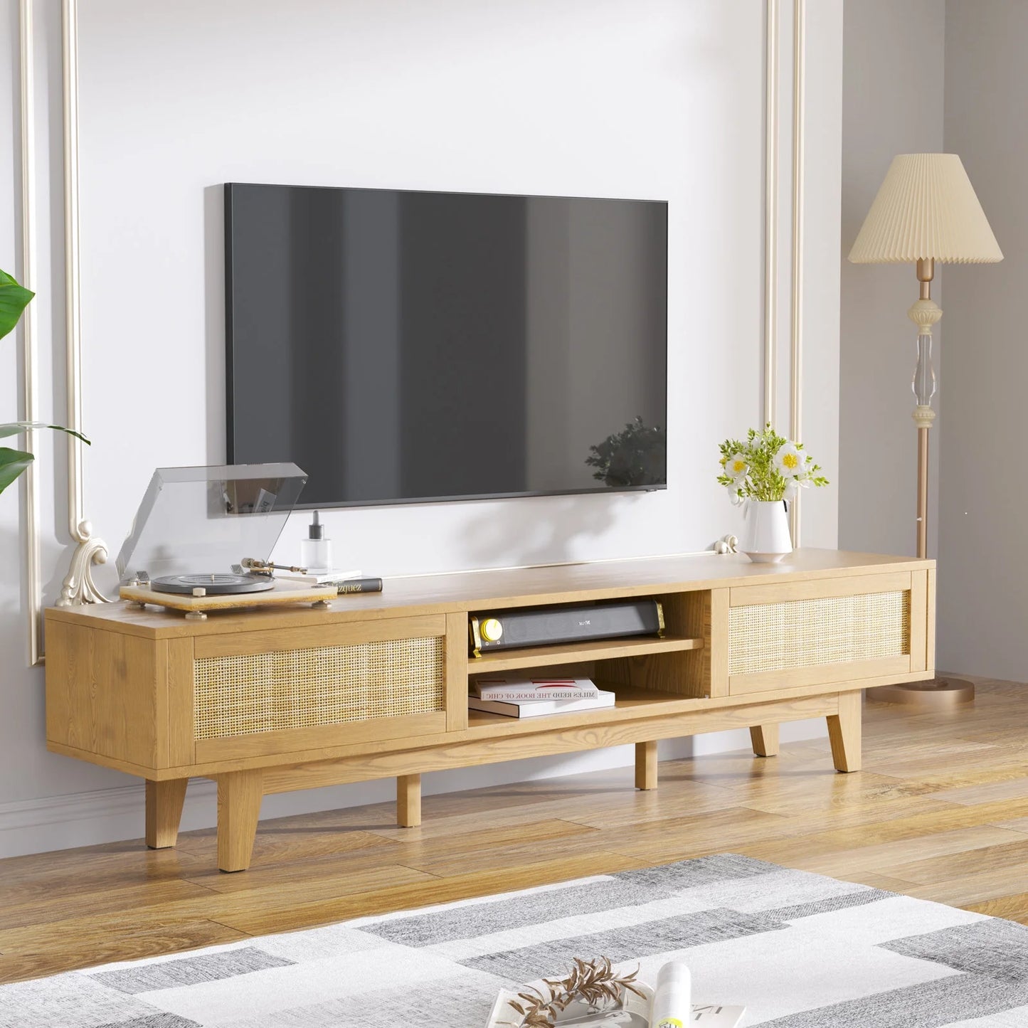 Tolead Rattan Low Profile TV Stands with Sliding Doors, up to 65" TV, Natural