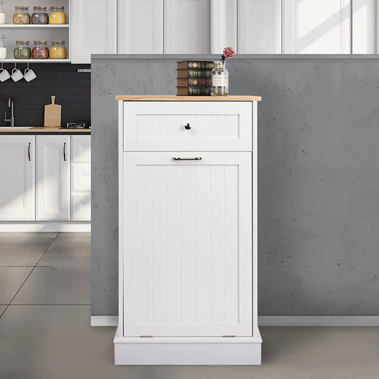 Tolead Single Tilt Out Trash Cabinet with Hideaway Drawer, Coffee, 10 Gallon, White