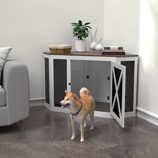 Tolead Wood Corner Dog Crate Furniture, Pet Crate, Indoor, Mesh, All-breed, Black and White