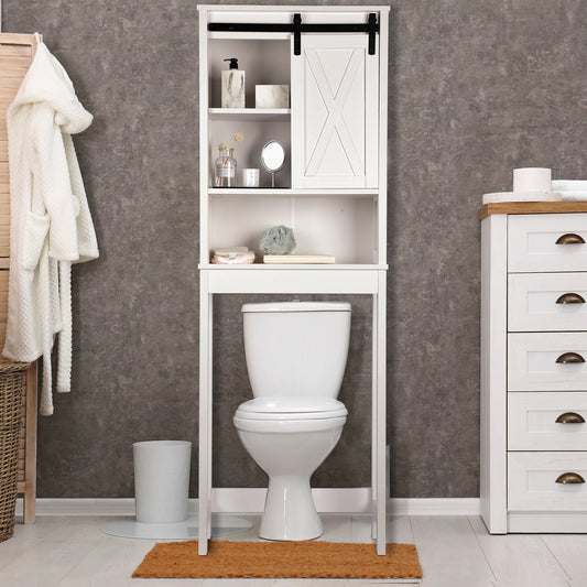 Tolead Wooden Bathroom Storage Over The Toilet with Adjustable Shelves and Sliding Doors, Towels, Wood, White