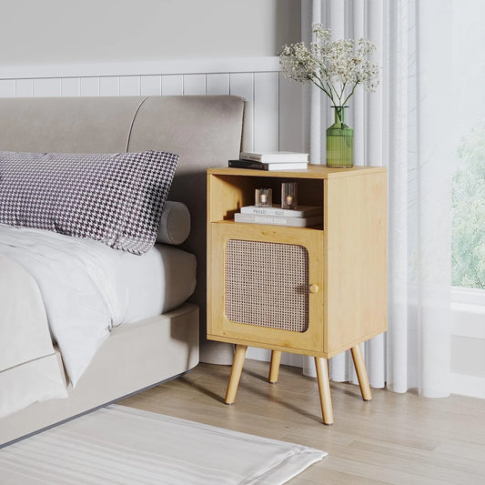 Tolead Wooden Rattan Nightstand Set with Single Drawer, Sturdy, Desk, Oak, Natural