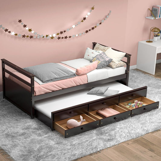 Tolead Wooden Twin Daybed with Trundle and Storage Drawers, Captains Bed Frame with Pull Out Bed, Brown