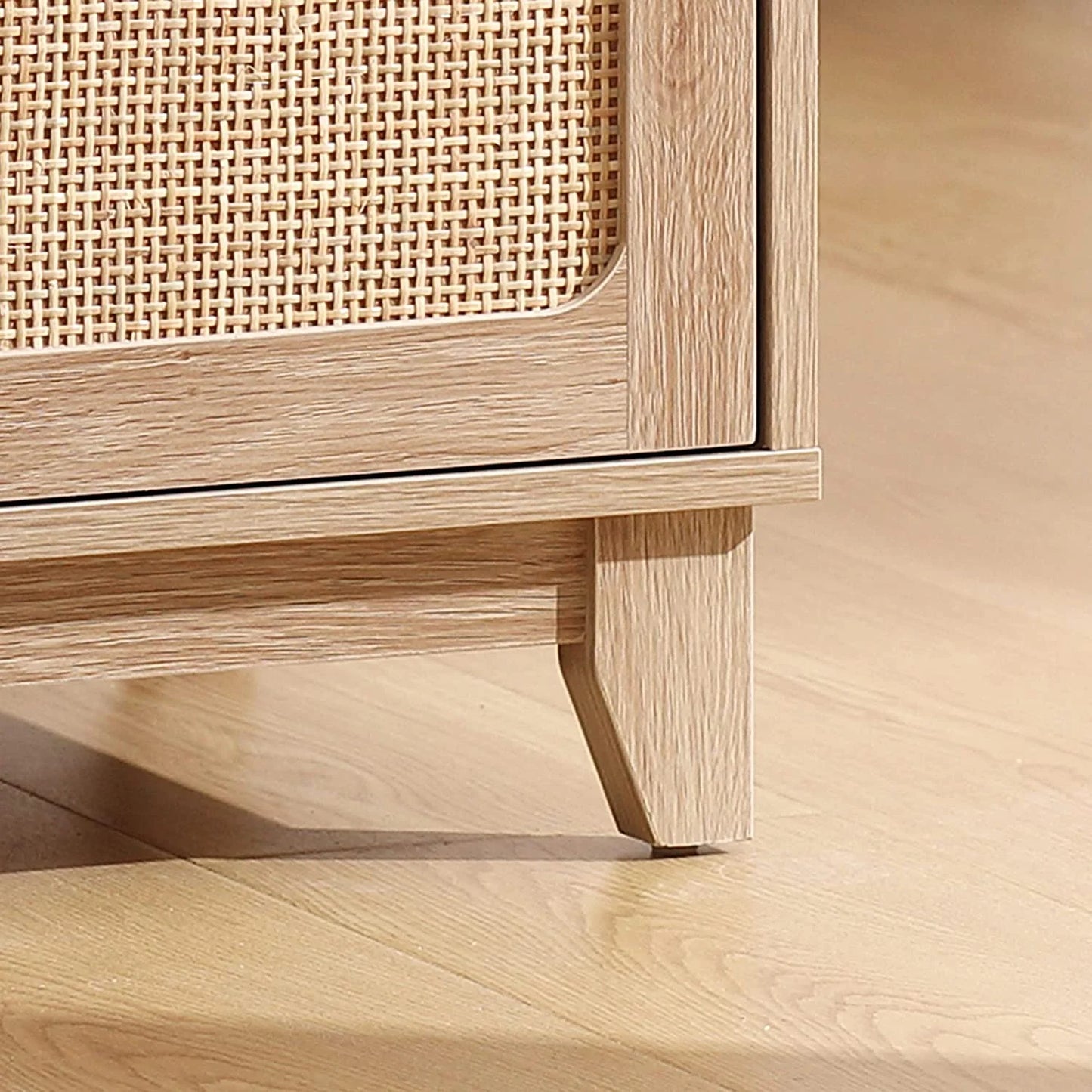 Tolead Rattan Nightstand Set with Charging Station, Handmade Rattan Decorated Drawer and Door, Natural