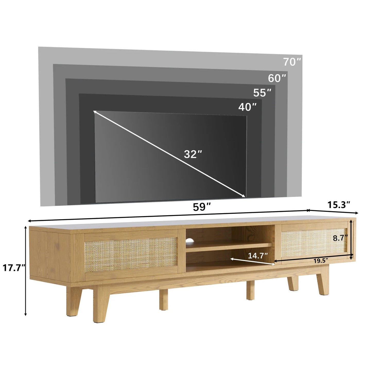 Tolead Rattan Low Profile TV Stands with Sliding Doors, up to 65" TV, Natural
