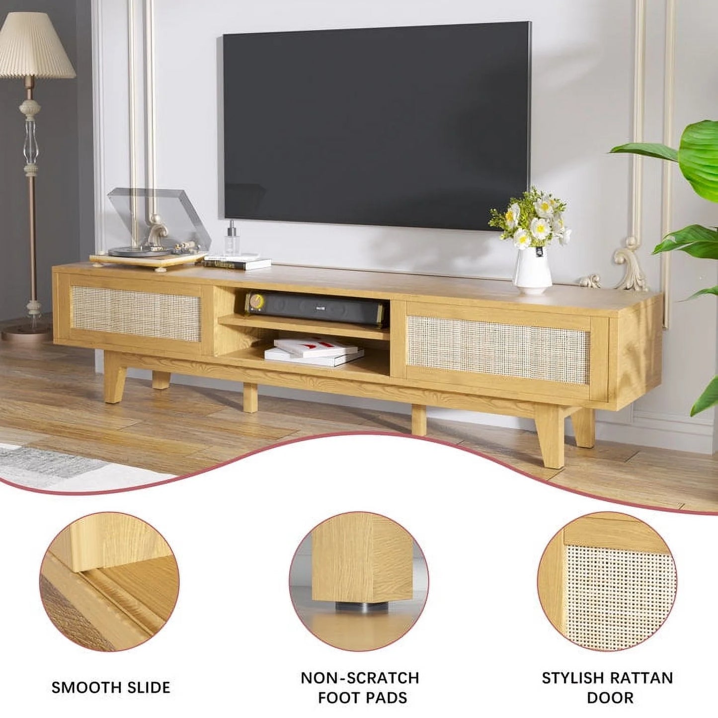 Tolead Rattan Low Profile TV Stands with Sliding Doors, up to 65" TV, Natural