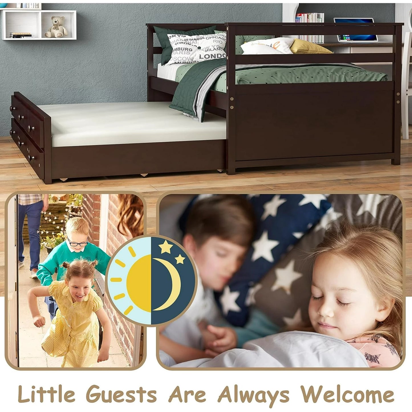 Tolead Wooden Twin Daybed with Trundle and Storage Drawers, Captains Bed Frame with Pull Out Bed, Brown