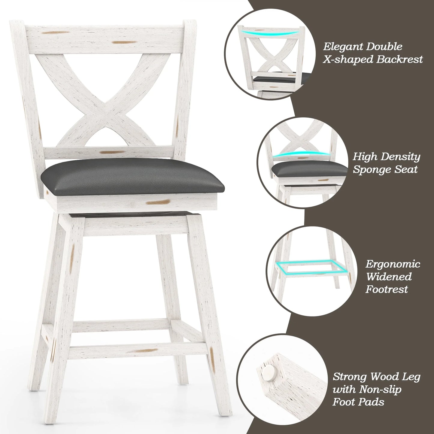 Tolead 2Pcs 24" X-Back Bar Stools with Swivel and 360 Degree Swivel, Adult - Set of 2, White