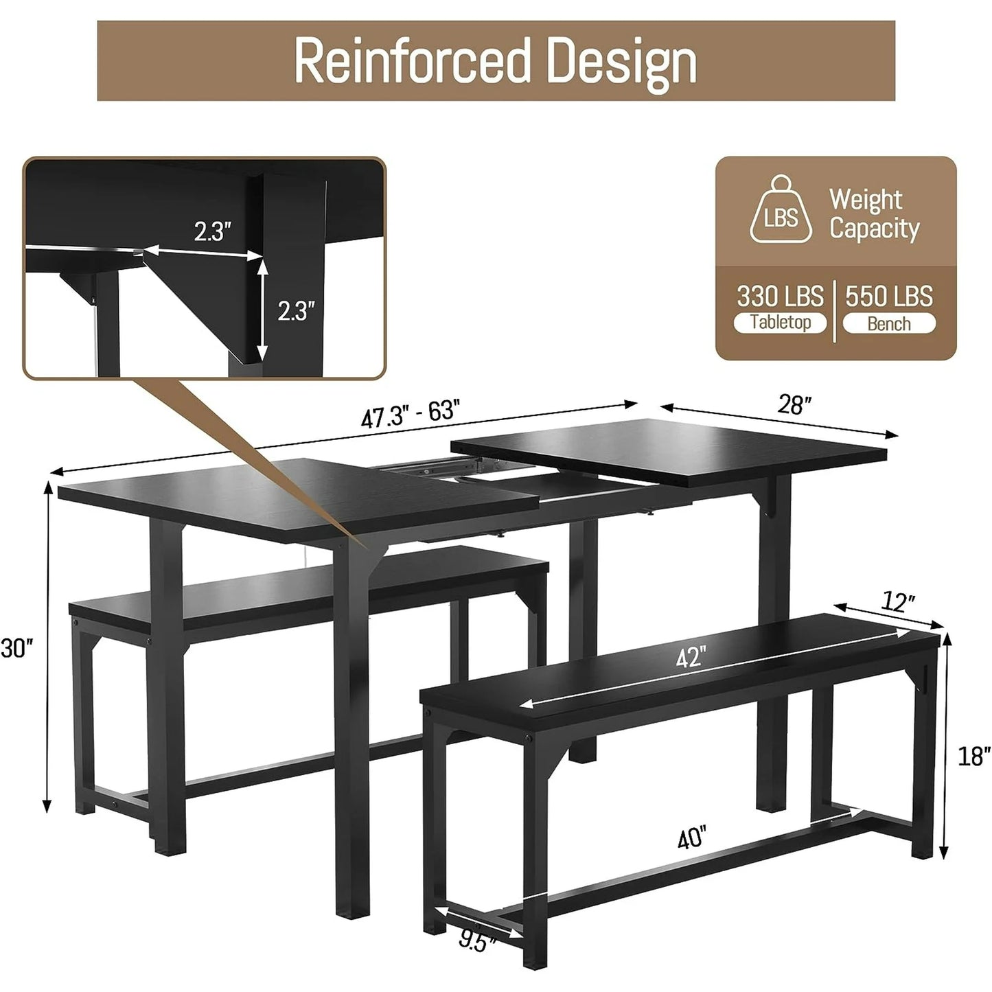 Tolead 3 Piece 47-63" Wood Dining Table Set with 2 Benches, for 4-8 Person, Home, Kitchen, Dining