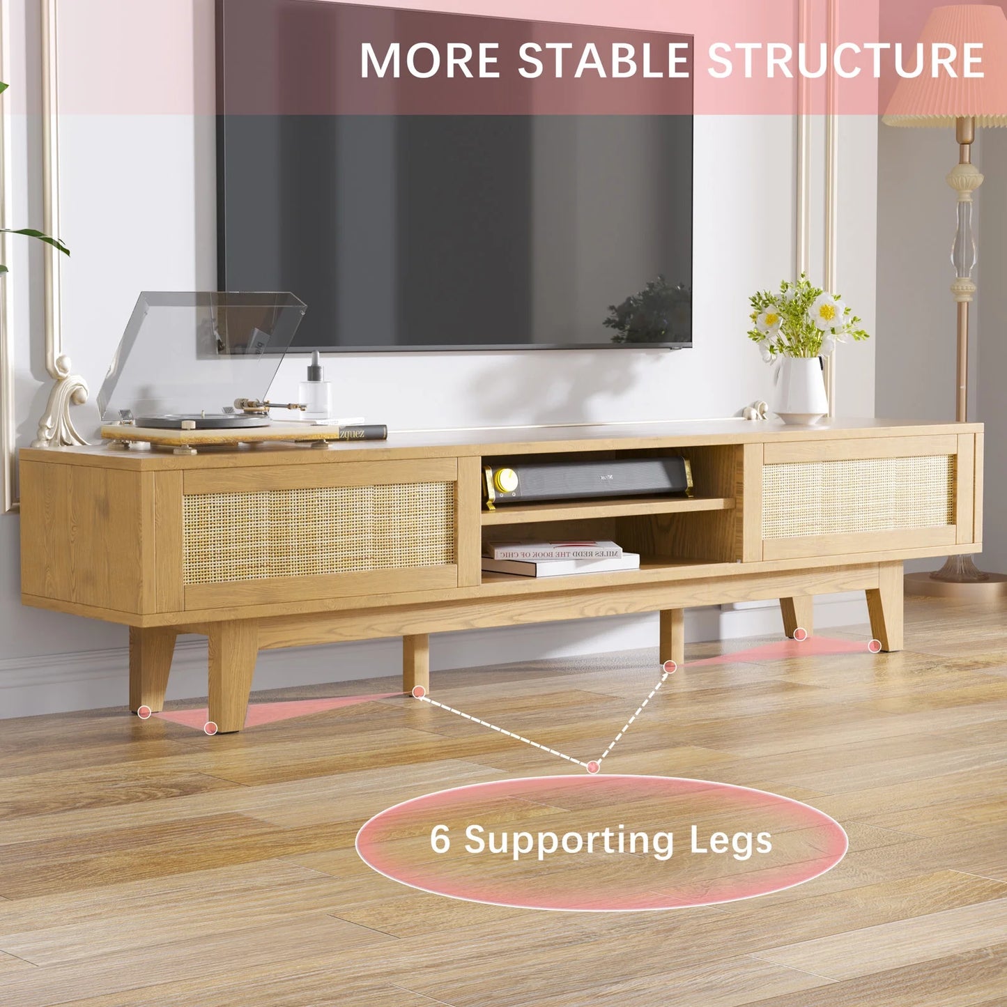 Tolead Rattan Low Profile TV Stands with Sliding Doors, up to 65" TV, Natural